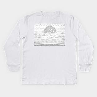 Nature line art scene with elephant, trees, monkey, folk indian art Kids Long Sleeve T-Shirt